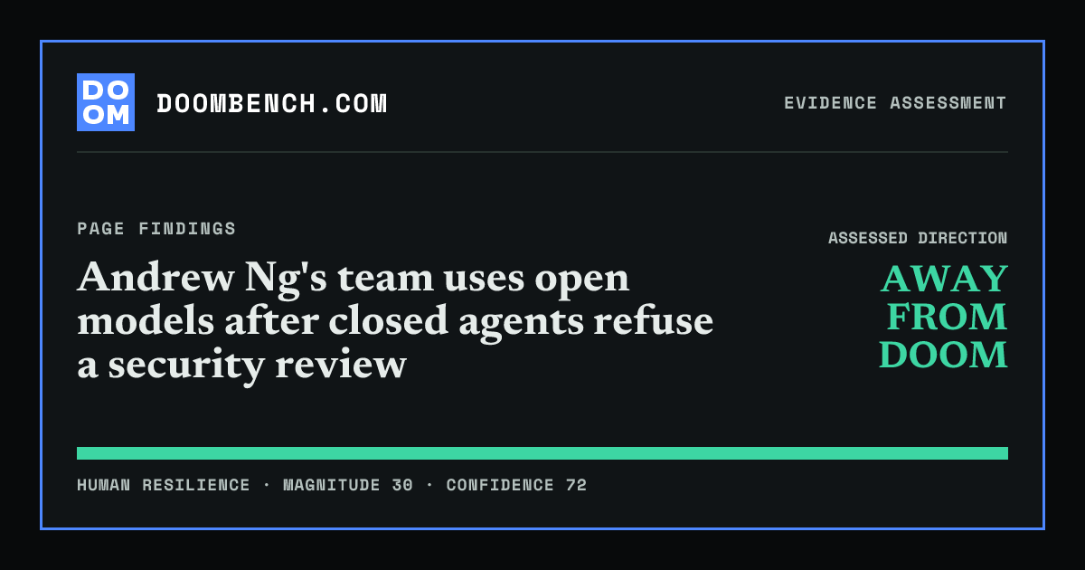 DoomBench social sharing card for Andrew Ng's team uses open models after closed agents refuse a security review.