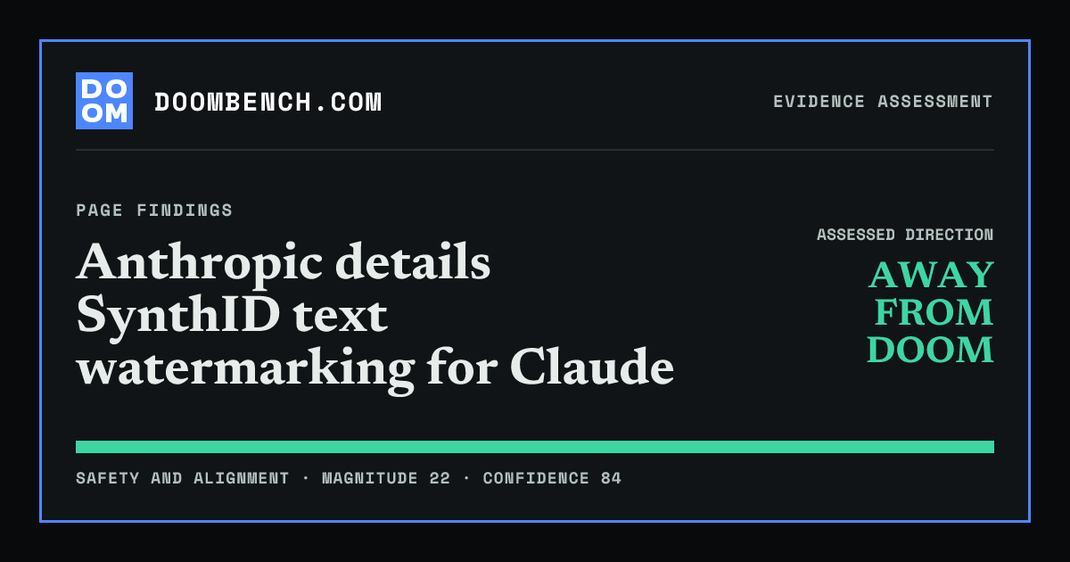 DoomBench social sharing card for Anthropic details SynthID text watermarking for Claude.
