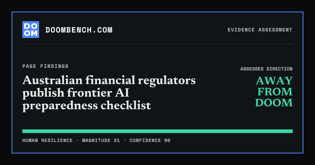 DoomBench social sharing card for Australian financial regulators publish frontier AI preparedness checklist.