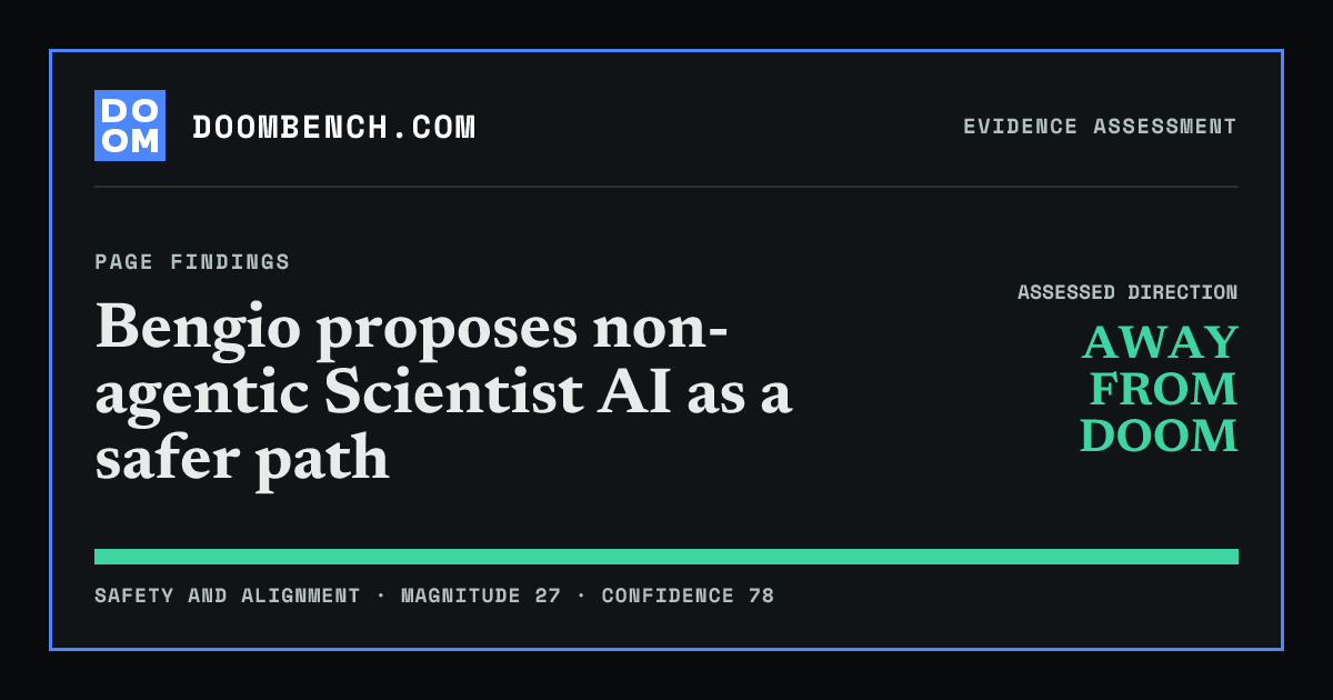 DoomBench social sharing card for Bengio proposes non-agentic Scientist AI as a safer path.