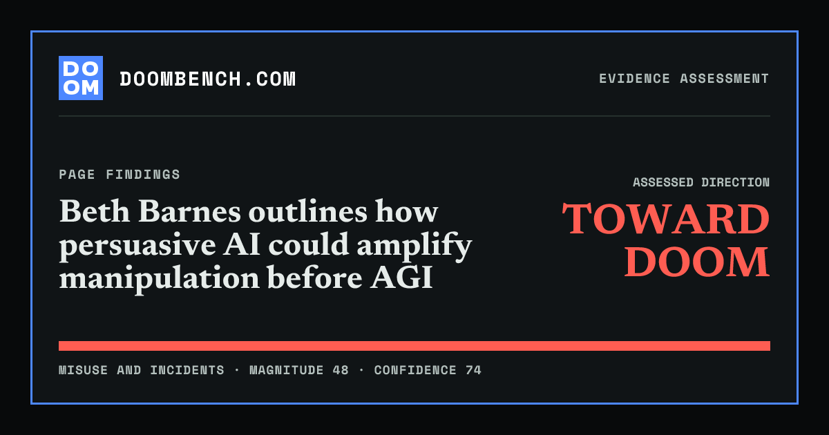DoomBench social sharing card for Beth Barnes outlines how persuasive AI could amplify manipulation before AGI.