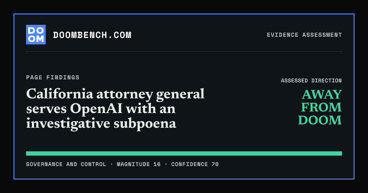 DoomBench social sharing card for California attorney general serves OpenAI with an investigative subpoena.