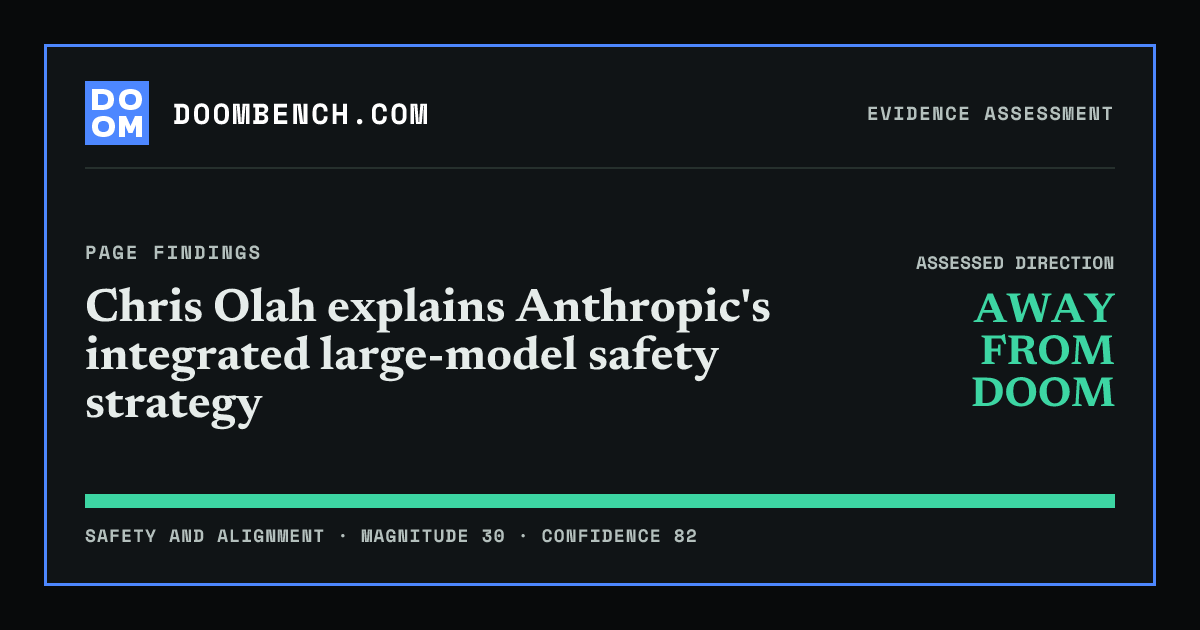 DoomBench social sharing card for Chris Olah explains Anthropic's integrated large-model safety strategy.