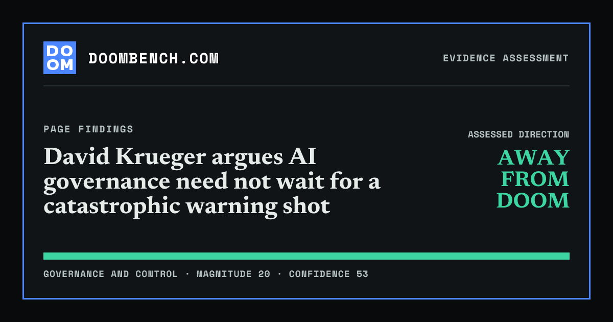 DoomBench social sharing card for David Krueger argues AI governance need not wait for a catastrophic warning shot.