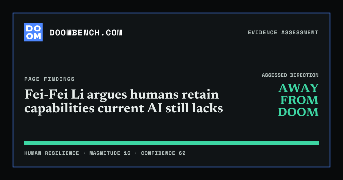 DoomBench social sharing card for Fei-Fei Li argues humans retain capabilities current AI still lacks.