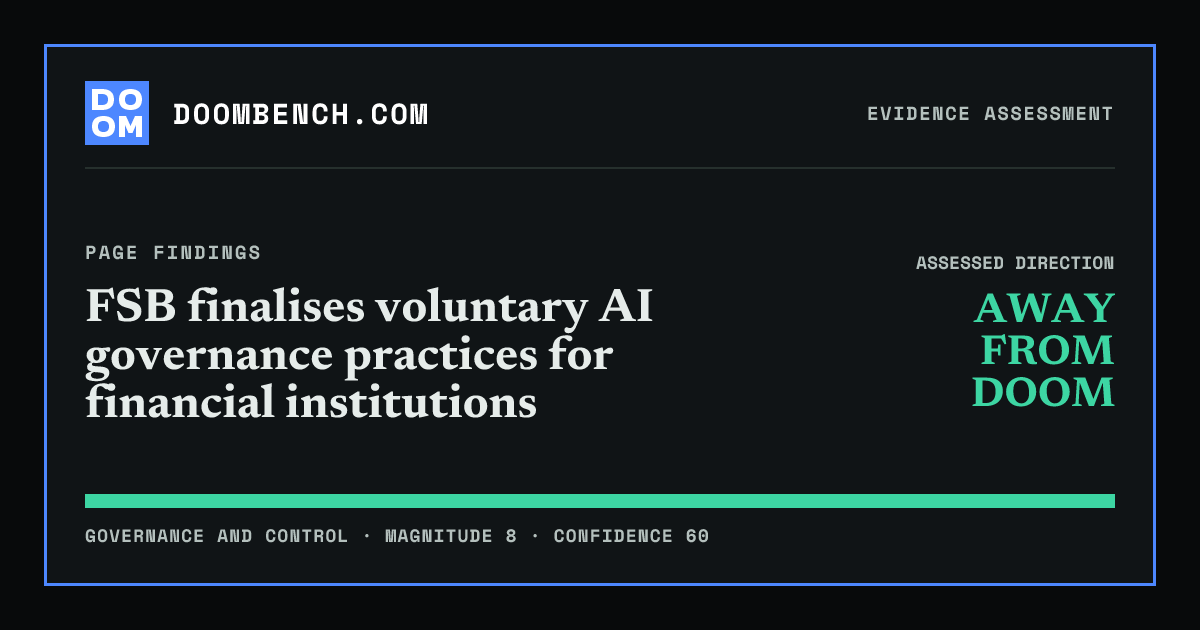 DoomBench social sharing card for FSB finalises voluntary AI governance practices for financial institutions.