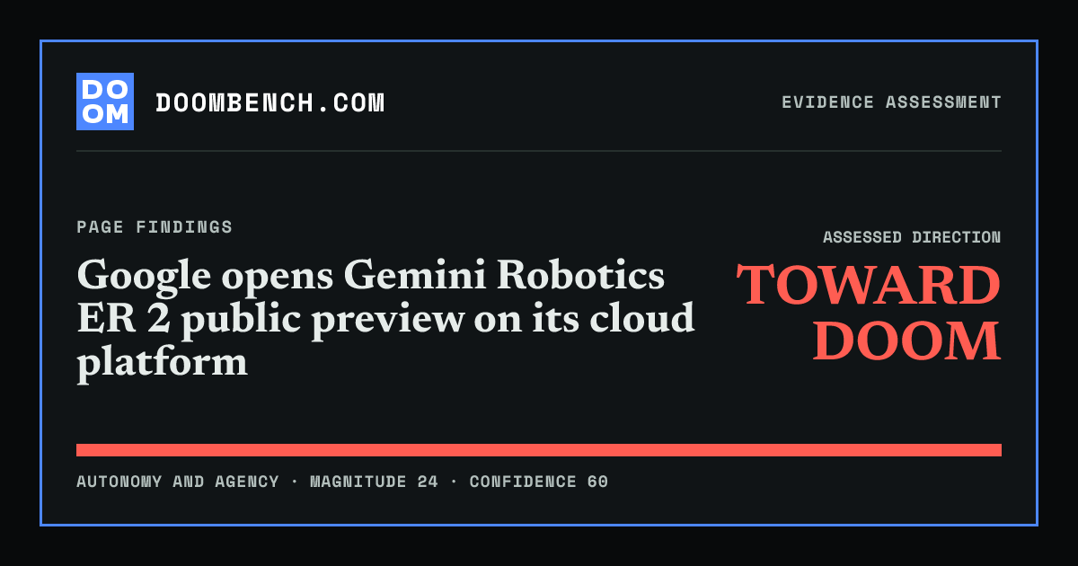 DoomBench social sharing card for Google opens Gemini Robotics ER 2 public preview on its cloud platform.