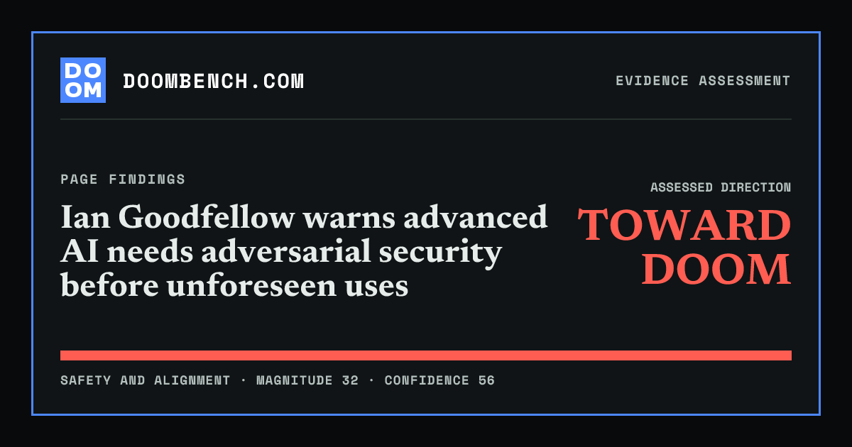 DoomBench social sharing card for Ian Goodfellow warns advanced AI needs adversarial security before unforeseen uses.