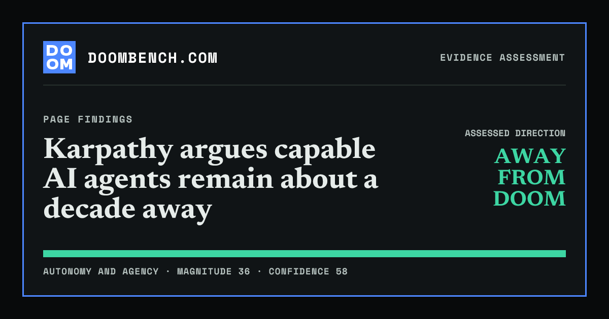 DoomBench social sharing card for Karpathy argues capable AI agents remain about a decade away.