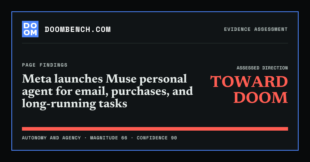 DoomBench social sharing card for Meta launches Muse personal agent for email, purchases, and long-running tasks.