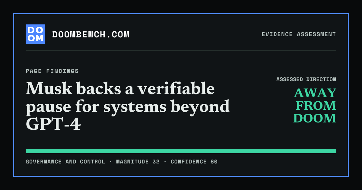 DoomBench social sharing card for Musk backs a verifiable pause for systems beyond GPT-4.