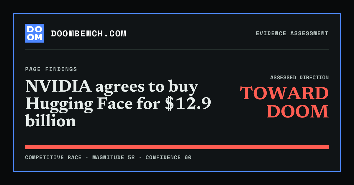 DoomBench social sharing card for NVIDIA agrees to buy Hugging Face for $12.9 billion.