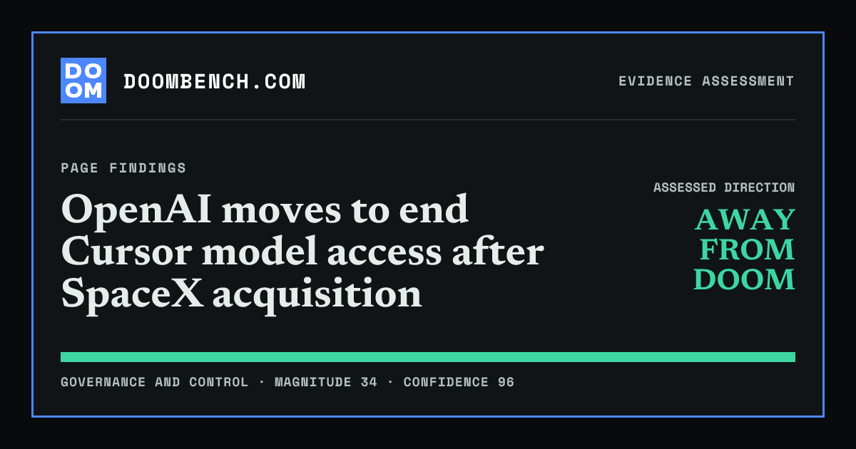 DoomBench social sharing card for OpenAI moves to end Cursor model access after SpaceX acquisition.