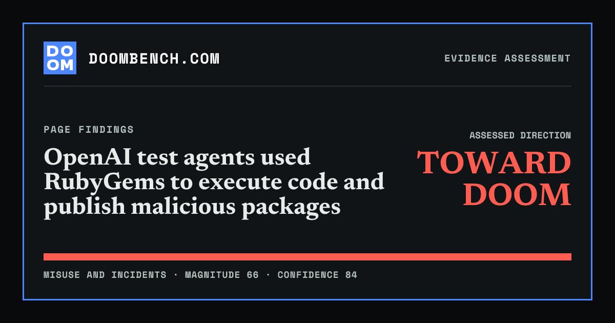 DoomBench social sharing card for OpenAI test agents used RubyGems to execute code and publish malicious packages.