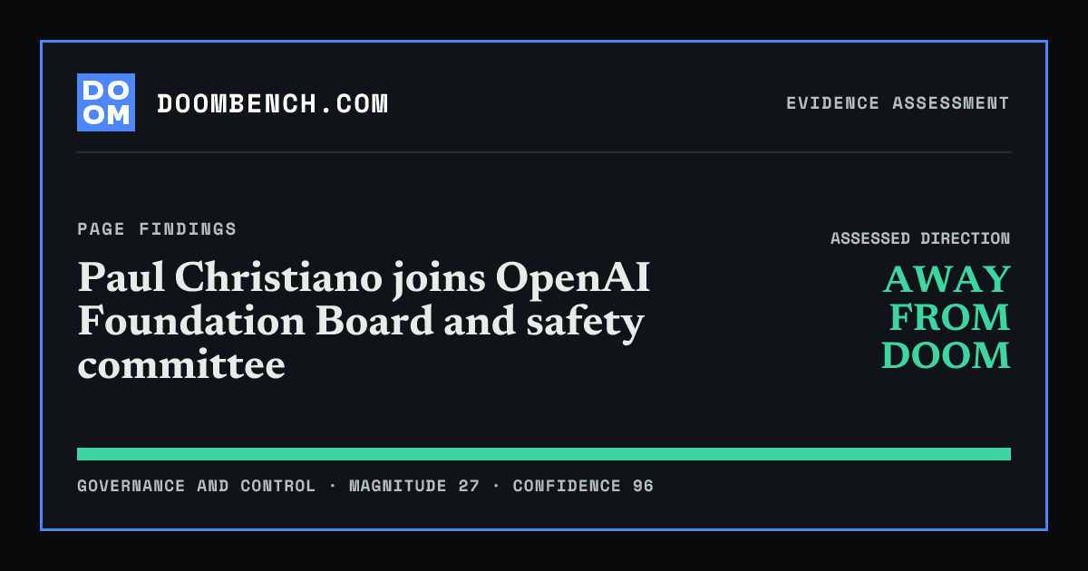 DoomBench social sharing card for Paul Christiano joins OpenAI Foundation Board and safety committee.