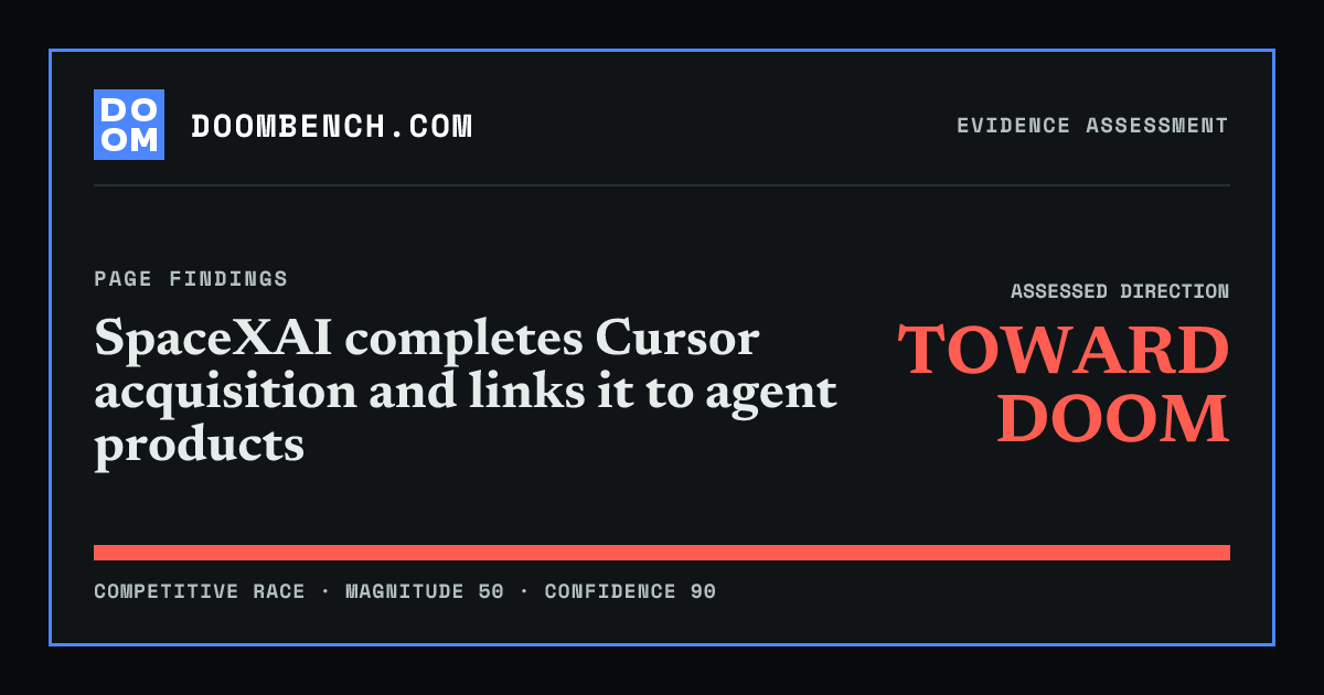 DoomBench social sharing card for SpaceXAI completes Cursor acquisition and links it to agent products.