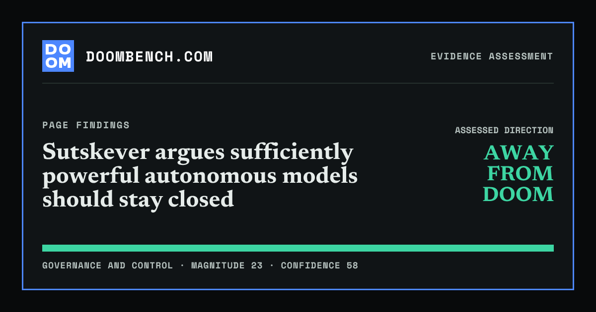 DoomBench social sharing card for Sutskever argues sufficiently powerful autonomous models should stay closed.