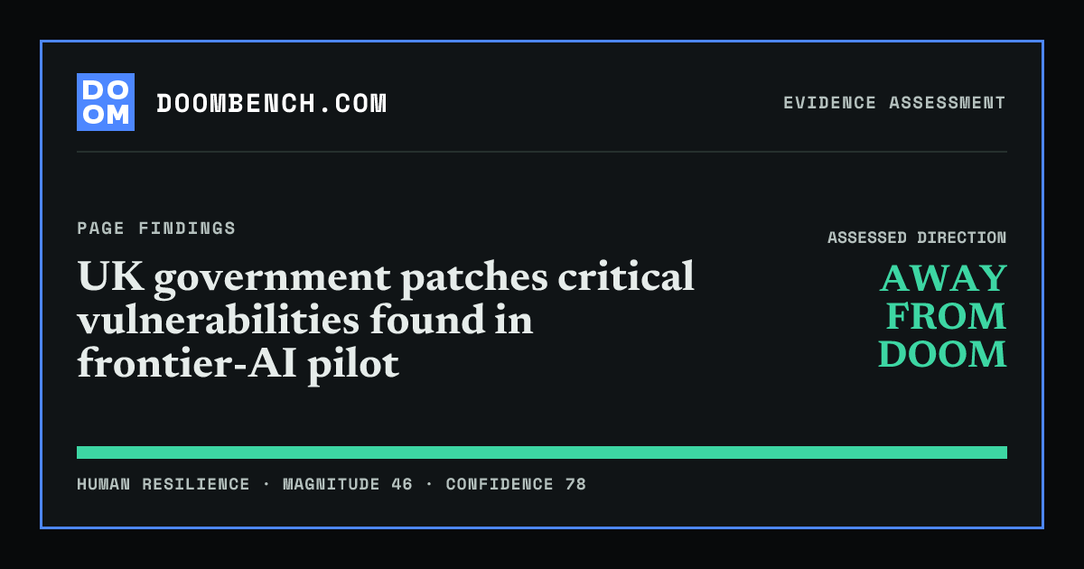 DoomBench social sharing card for UK government patches critical vulnerabilities found in frontier-AI pilot.