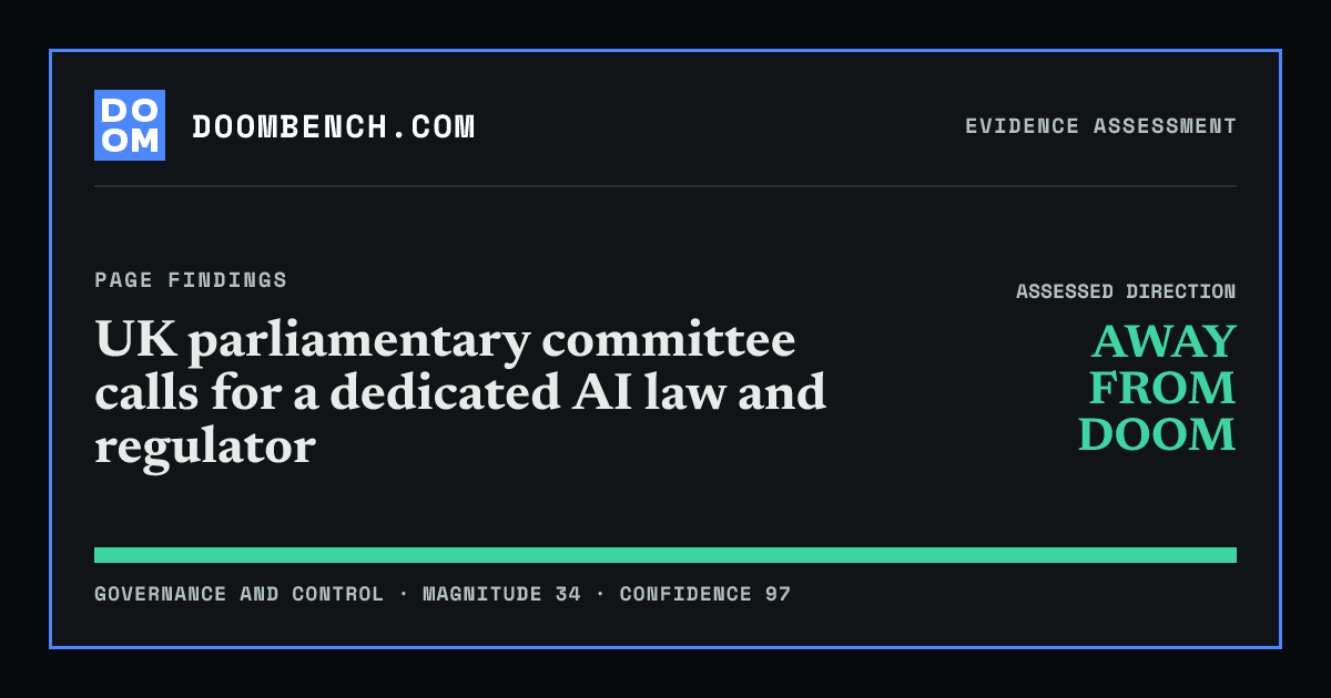 DoomBench social sharing card for UK parliamentary committee calls for a dedicated AI law and regulator.