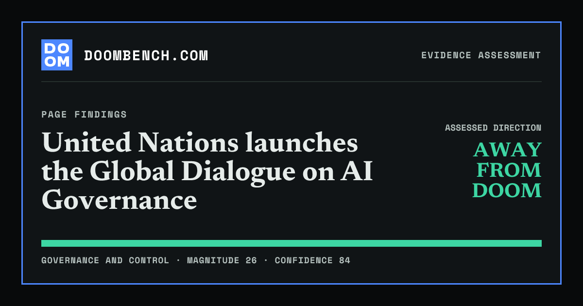 DoomBench social sharing card for United Nations launches the Global Dialogue on AI Governance.