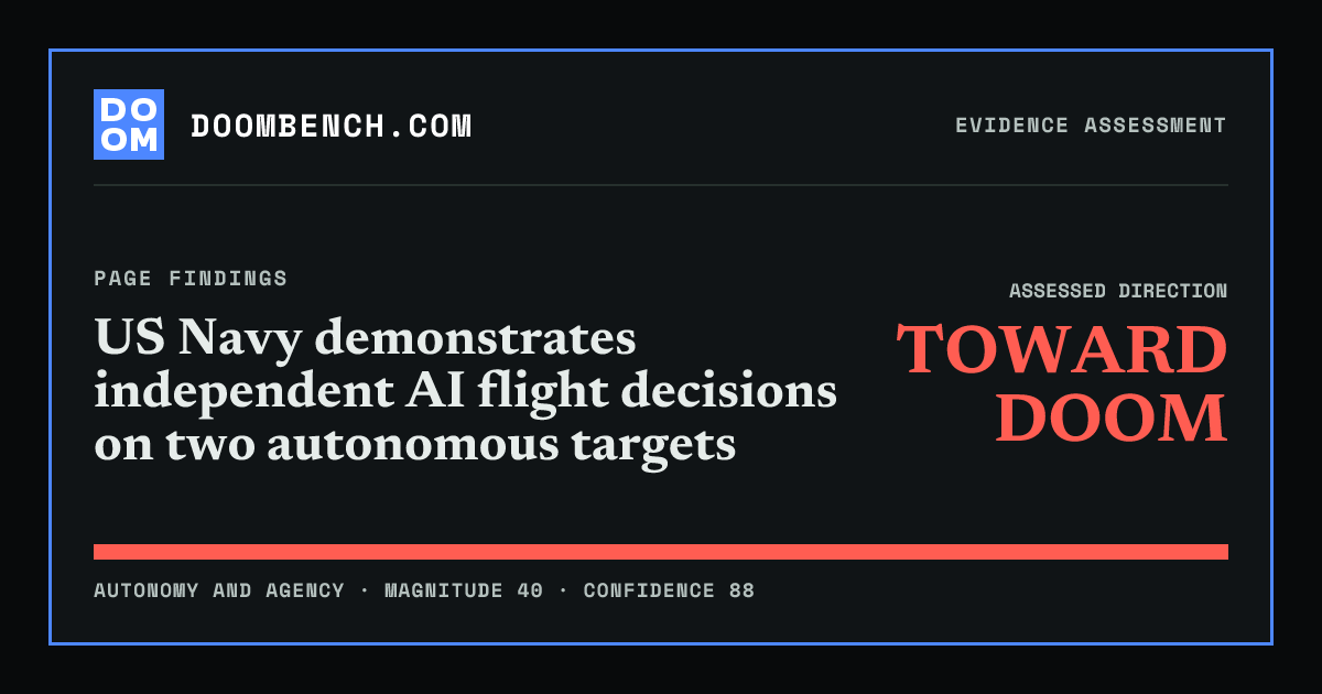 DoomBench social sharing card for US Navy demonstrates independent AI flight decisions on two autonomous targets.