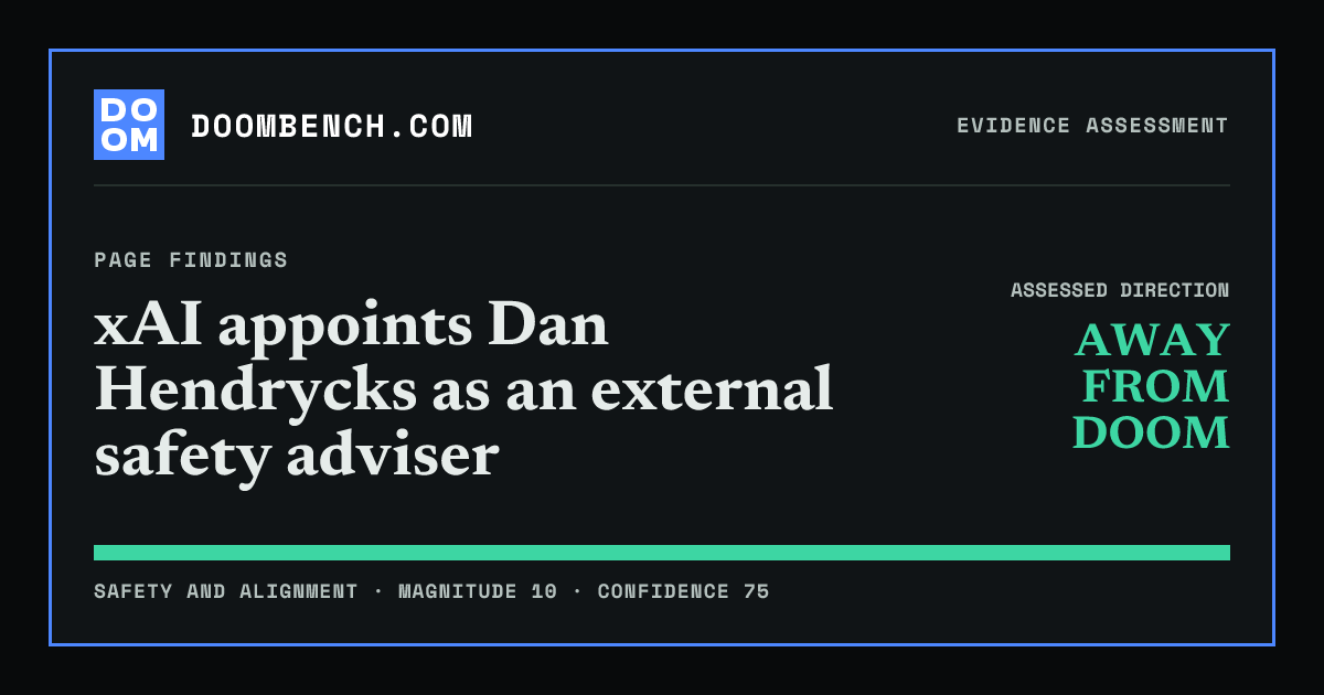 DoomBench social sharing card for xAI appoints Dan Hendrycks as an external safety adviser.